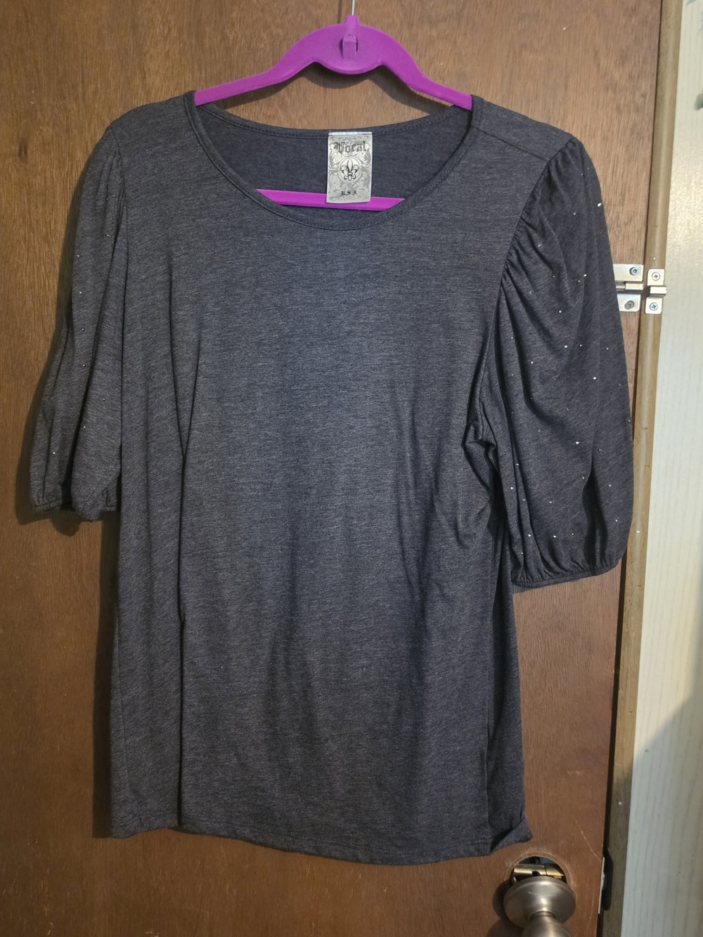 Stretch Knit Puff Glitter Sleeve Top - Dark Gray
